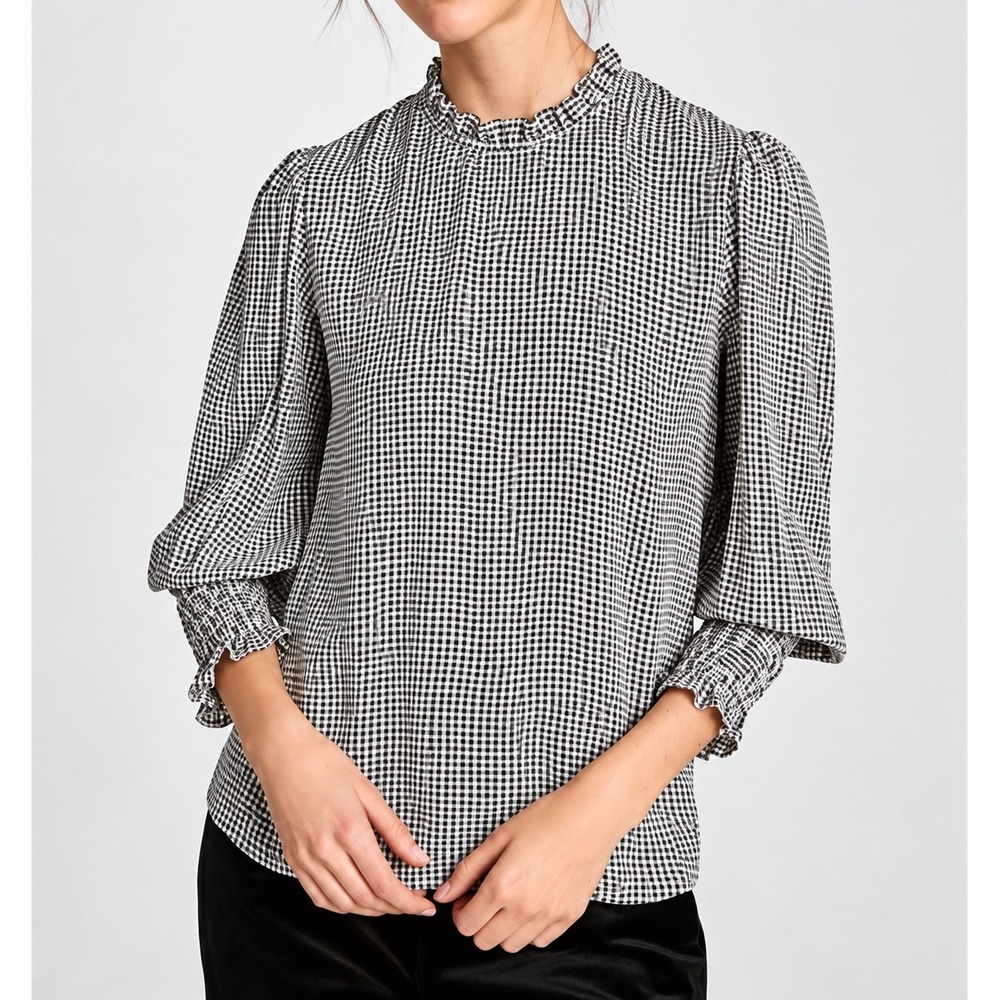 Zara Woman Black White Houndstooth Ruffle Neck Blouse Twee Small
